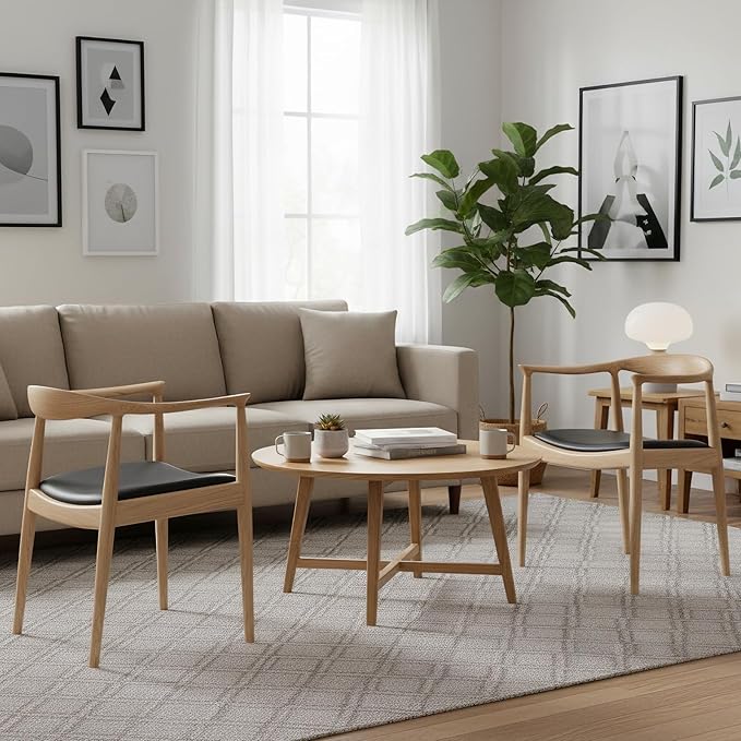 Kennedy Armchair Upholstered Dining Chair Presidential Mid-Century Modern Accent Chair in Natural Wood Color