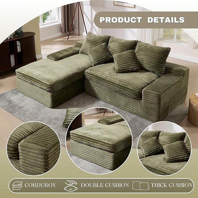 99 Cloud Modular Sectional CouchL-Shape Sofa Couch with Deep SeatModern Boneless Compressed Sofa with Chaise3 Seater Corduroy Couches for Living Room Bedroom No Assembly Required (Green)