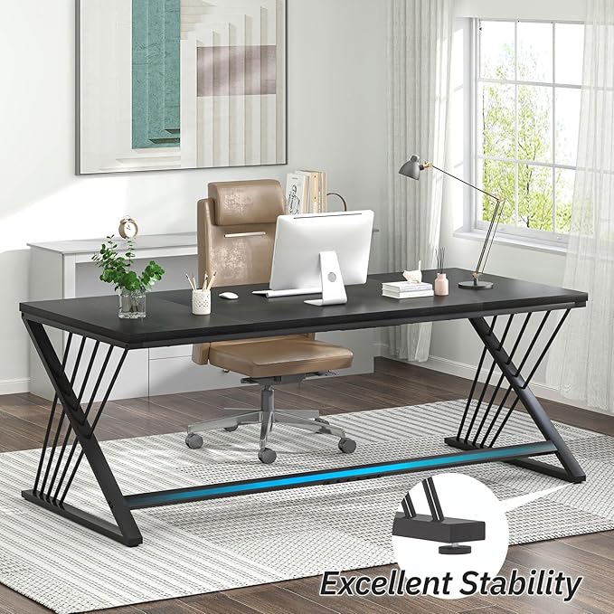 FOLUBAN 70.9 Black Computer Desk Modern Home Office Desk Large Gaming Workstation Executive Desk with Z-Shaped Legs 2 Person Large Study Writing Table for Bedroom