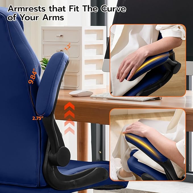 Office Desk Chair Ergonomic Computer Chair with Padded Flip-Up Arms and Adjustable Lumbar Support PU Leather Executive Chair with Tilt Lock and 360° Swivel Rolling Wheels for Work Study