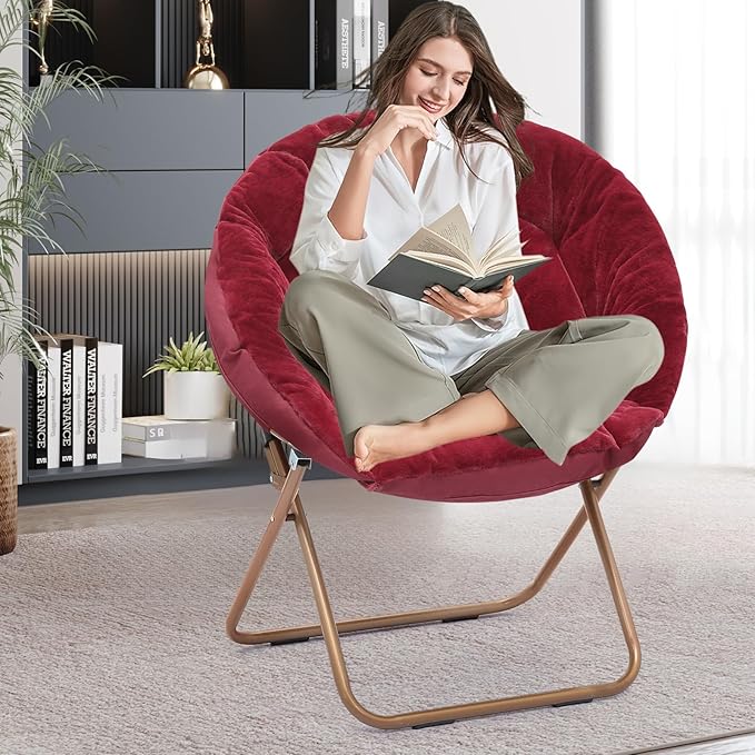 Foldable Oversized Moon Chairs Set of 2 Large Soft Lazy Cozy Comfortable Faux Fur Round Saucer Moon Chairs Set of 2 for Teens and Adults Burgundy