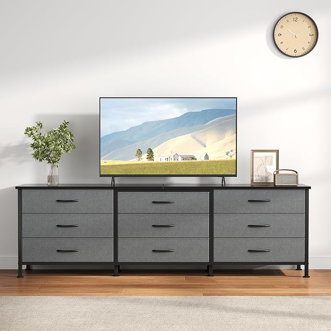 DUMOS TV Stands for Living Room Furniture with 9 Fabric Drawers Long Entertainment Center Up to 75 Inch TV Media Console Table with Storage for Bedroom Adjustable Feet Grey.