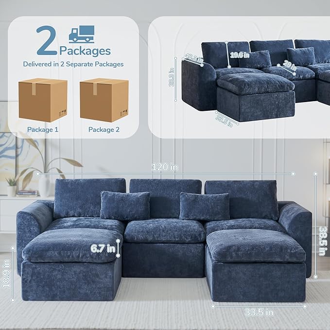 Modern Sectional Cloud Couch - 120'' Soft Modular Sectional Sofa – No Assembly Required - Deep Seat Couches with 2 Movable Ottomans - Oversized Chenille Sofa for Living Room - Blue