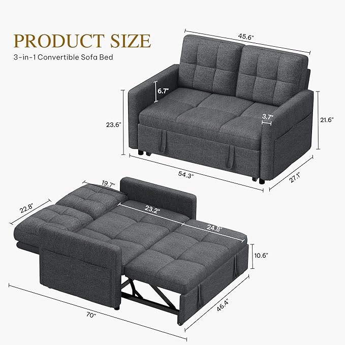 DWVO 55 Convertible Sofa Bed 3-in-1 Sleeper Sofa with Pull-Out Bed Linen Futon Couch with Adjustable Backrest and Side Pocket Modern Loveseat for Living Room Apartment Grey