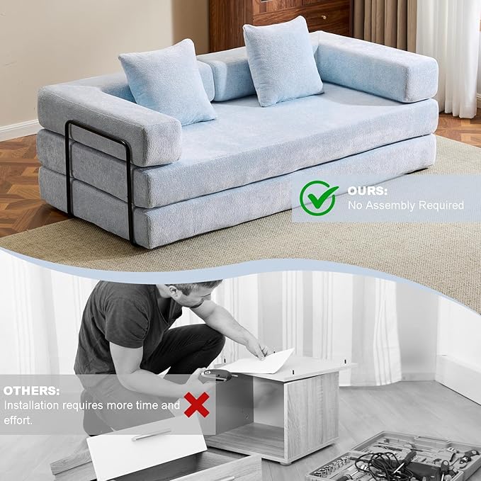 Folding Sofa Bed Modular Sectional Cloud Couch Convertible Sleeper Sofa Bed with Pillow Back Support Armrest for Living Room Bedroom Lounge No Assembly Required Chenille(Light Blue)