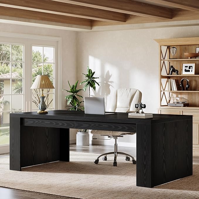 Tribesigns 70.9-Inch Wooden Computer Desk Large Farmhouse Executive Office Desk with Sturdy Double Pedestal Legs Writing Workstation Business Furniture for Home Office (Black)