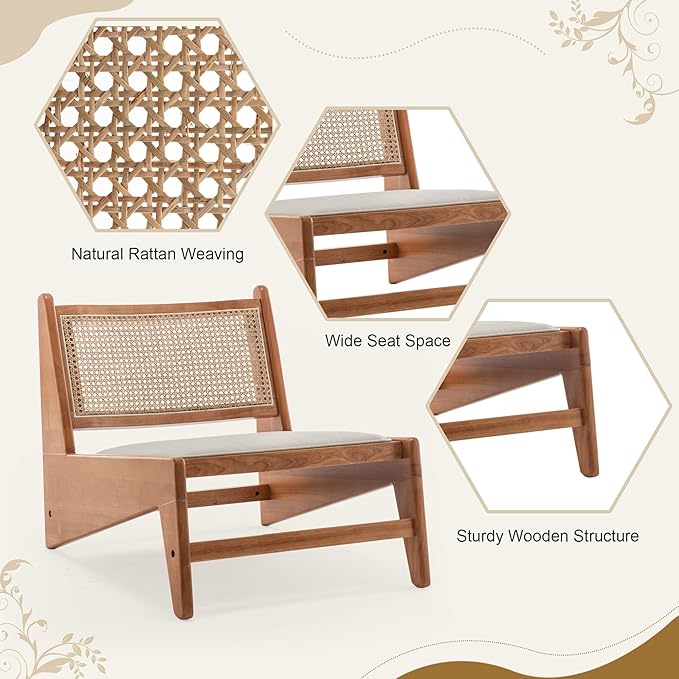 HAOBO Home Rattan Chair Mid Century Modern Accent Chair Living Room Chair Boho Chairs with Wooden Frame for Home Bedroom Set of 2