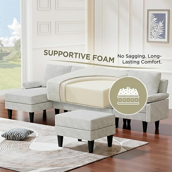 4-Seat U-Shaped Modular Sofa with Double Storage Ottoman - Space-Saving Convertible Lounge Couch for Home &amp Office White