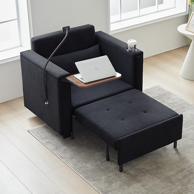ORRD Pull Out Sofa Chair Bed 2-in-1 Multi-Functional Sleeper Couch Small Loveseat Bed with Hidden Side Table Phone Holder and Cup Holder for Living Room Small Space Apartment (Black)