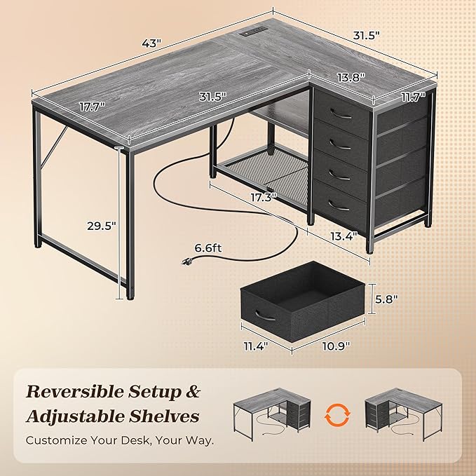 PRAISUN 43.3 Small Computer Desk with Power Outlets and USB-C Port Reversible L Shaped Corner Office Desk with 4 Fabric Drawers and 2 Height-Adjustable Shelves for Gaming Writing Grey