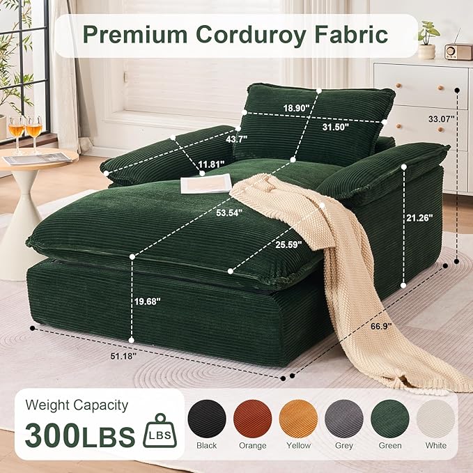 GNIXUU 67 Chaise Lounge Chair Indoor Corduroy Upholstered Oversized Sofa Bed Green Oversized Boneless Couch Chair Large Sleeper Reading Chair for Living Room Game Room Green | easy to move around