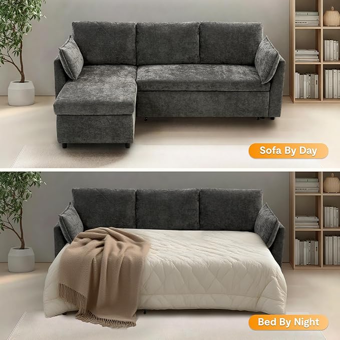 FLEXISPOT XB5 78 Pull Out Couch Bed with Storage Chaise3-Seater Sectional Sofa Bed with USB Charging Ports 2-in-1 Convertible Sofa Couch for Living Room Apartment Easy to Assemble(Gray)