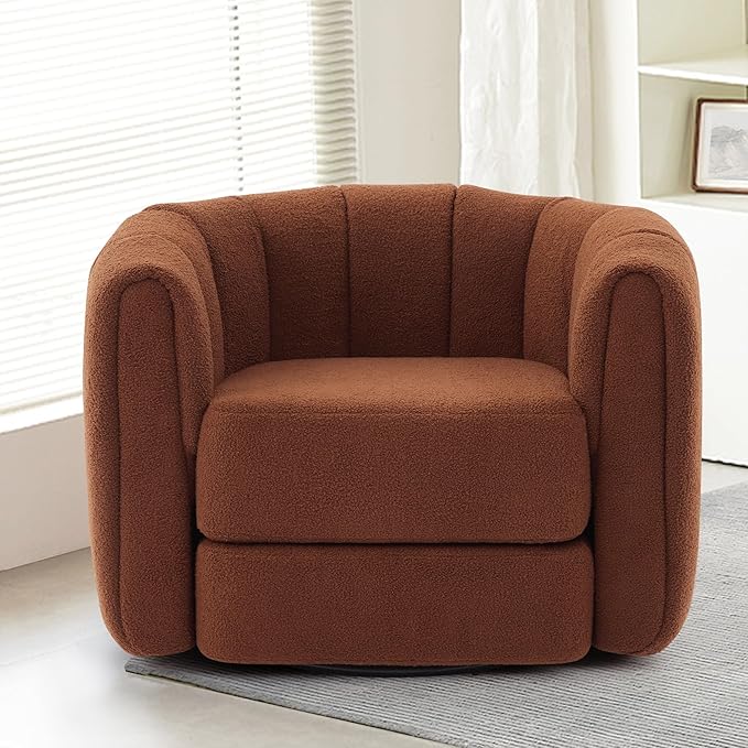 SUNWAVE Swivel Accent Chair 360-degree Swivel Barrel Chair with Teddy Upholstery Comfy Pumpkin-Shaped Accent Chair for Living Room Bedroom or Office (1 Brown 37)