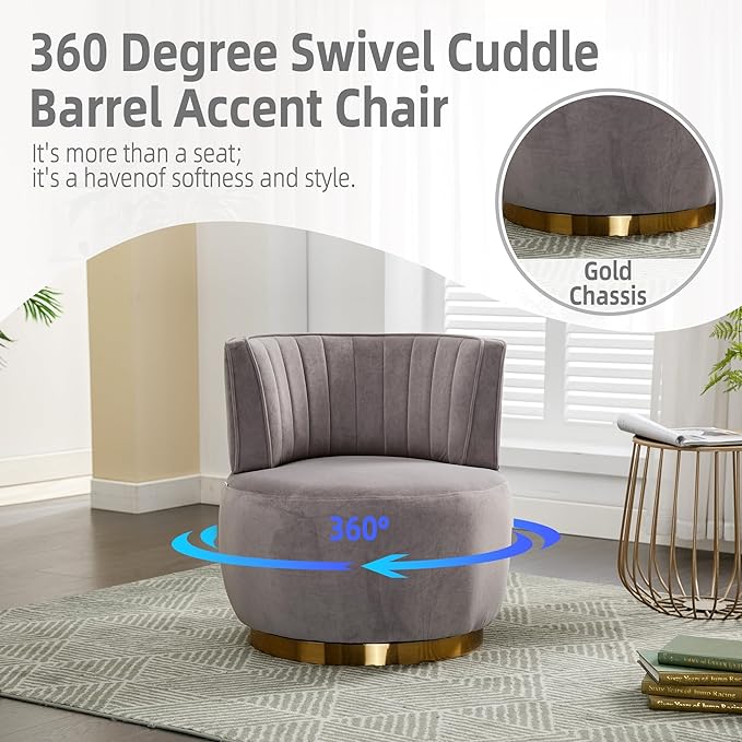 25.2 360 Degree Swivel Barrel SofaRound ArmchairsUpholstered Velvet Sofa ChairComfy Round Accent Sofa Chair for Living RoomBedroomOfficeWaiting RoomsGray
