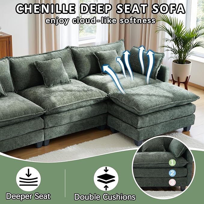 Gexpusm Modular Sectional Sofa108 L Shaped Couches for Living Room3 Seats Sofas with Movable OttomanCloud Sectional Couch with Deep SeatOversized Sleeper Sofa Boneless for BedroomGreen