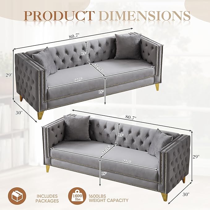 2 Piece Chesterfield Sofa Comfy Velvet Button Tufted Mid Century Modern Couch Set White Cloud Futon Loveseat Gold Legs &amp Nailhead Deep Seat Sofas for Living Room Office (Grey 3 Seater Set of 2