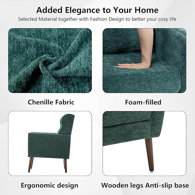 Modern Accent Chair Chenille Fabric Upholstered Tufted Side Chair Wingback ChairMid Century Reading Armchair with Waist Pillow Backrest for Living Room Bedroom (Blackish Green)