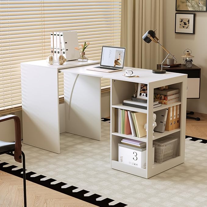 Folding Desk with Storage Computer Desk with 3-Tier Shelves for Compact Spaces Pull Out Writing Table for Home Office Bedroom Kitchen Living Room