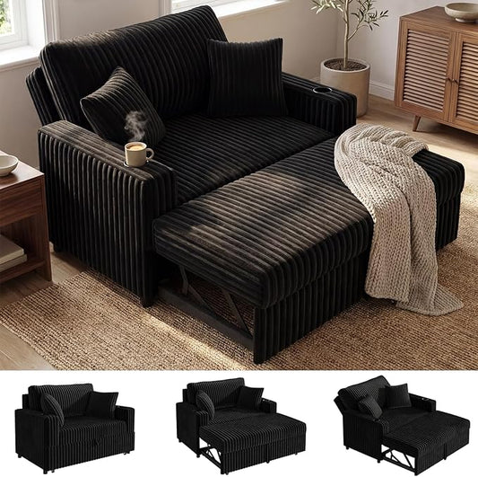 52” 3-in-1 Convertible Pull-Out Sofa Bed Sleeper Loveseat with Built-in Cup Holders Reclining Backrest Pet-Friendly Corduroy Sofa for Small Space - Black