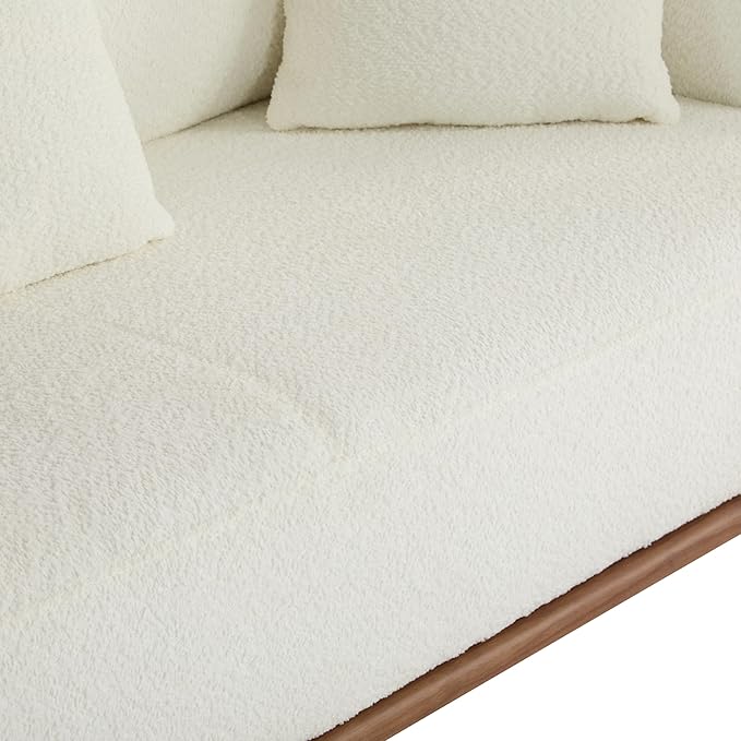 Christopher Knight Home Yule Living Room Wooden 3-Seater SofaBoucle Fabric Upholstered Lounge Sofa CouchHome Office/Bedroom Sofa Chair with Accent PillowComfy Reading Cloud SofaMilky White + Brown