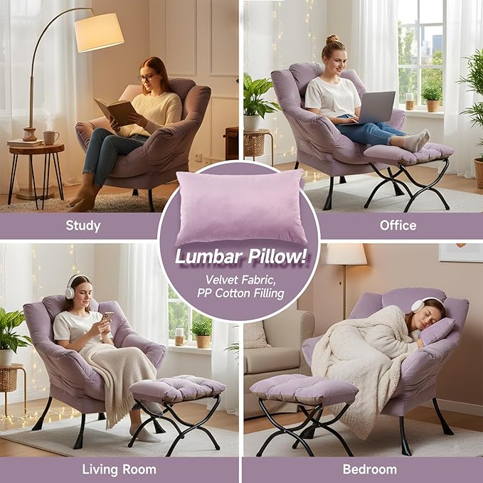 Lazy Chair with Ottoman Modern Accent Chair with Lumbar Pillow Velvet Light Purple Sofa Armchairs with Folding Footrest Oversized Supportive Chairs for Bedroom Reading