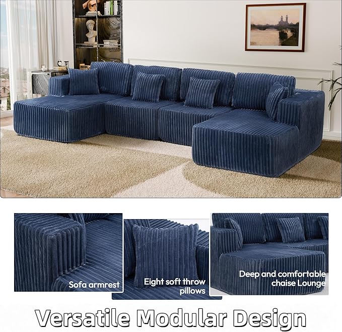132 U Shaped Sectional Couch Large Modular Cloud Couches with Double Chaise Lounge Comfy Corduroy Cloud Sofa with Pillows Boneless Couches for Living Room Blue
