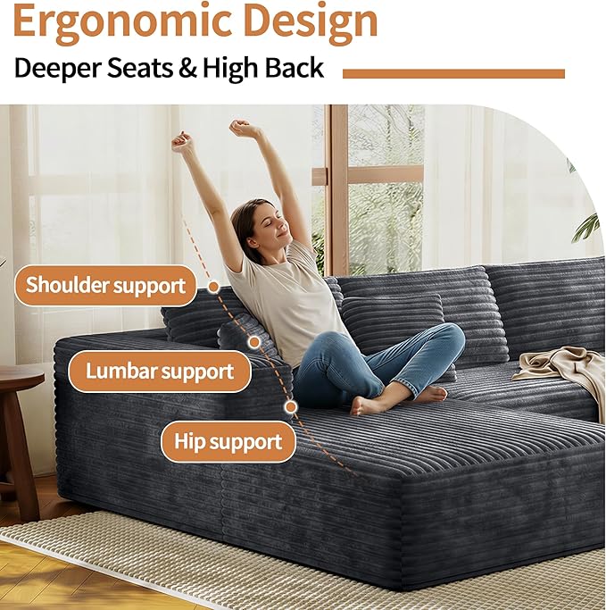 107 Modular Sectional Couches for Living Room Comfy L-Shaped Boneless Cloud Couch with Chaise Modern Deep Seat Corduroy Floor Sofa No Assembly Required (Left Facing Chaise Grey) | High-density sp