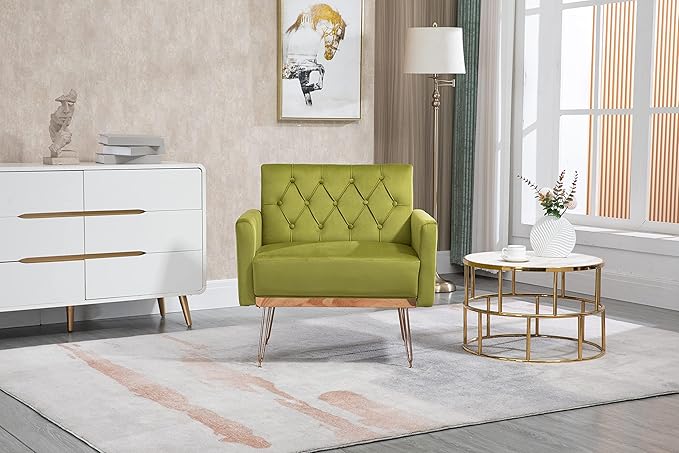 Velvet Accent Chair Upholstered Living Room Accent Armchair Leisure Single Chairs with Rose Golden feet Tufted Sofa Chairs for Home Office Living Room Bedroom Small Space (Olive Green)
