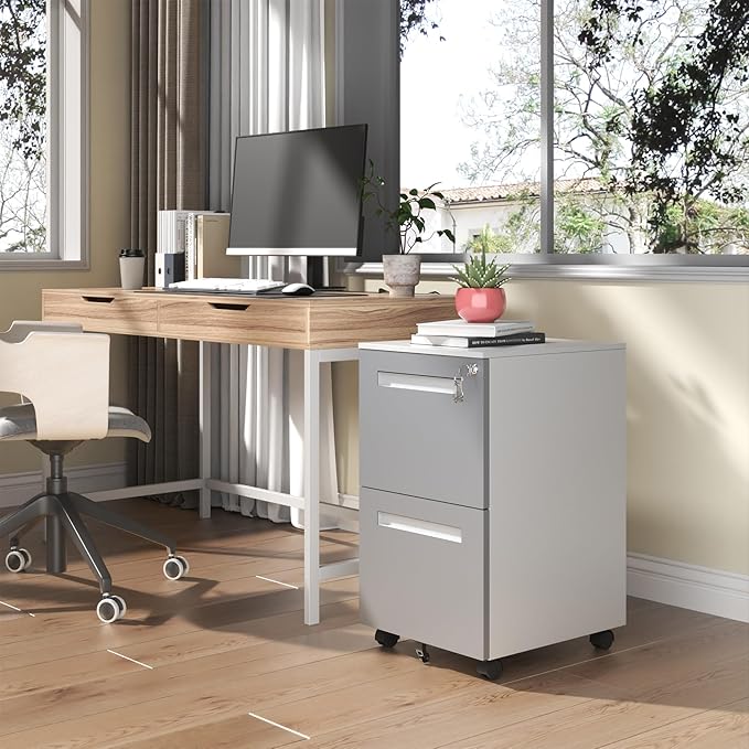 2-Drawer Mobile File Cabinet with Lock All-Steel Metal Storage Cabinet on 360° Wheels for Home Office &amp Commercial Use Holds A4/Letter/Legal FilesWhite
