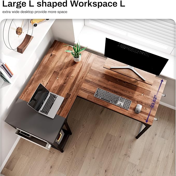 It's_Organized Reversible L Shaped Desk with Monitor Stand58x47 inch Corner DeskStudy Writing Computer Table with Storage Shelves for Home OfficeRustic Brown/Black