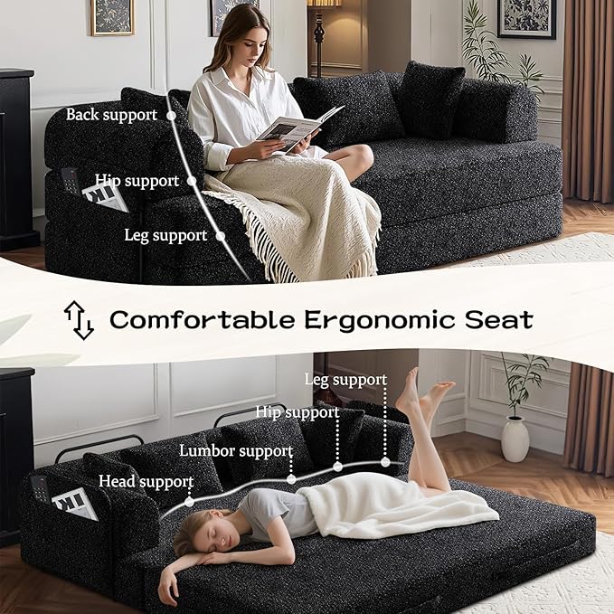 Convertible Floor Sofa Bed 79 Compression Sofa Foldable Sleeper Couch Bed Modular Sectional Couch Comfy Loveseat No Assembly Required for Living Room Guest Room Chenille Fabric Black