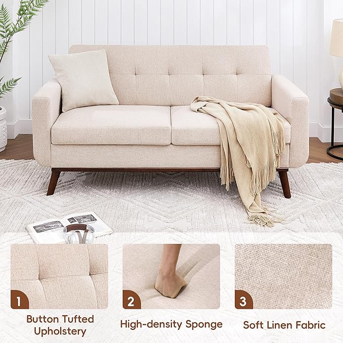 Kingfun 65 W Loveseat Sofa Mid Century Modern Decor Love Seat Couches for Living Room Button Tufted Upholstered Furniture Solid &amp Easy to Install Small Couch for Bedroom Office ApartmentOatme