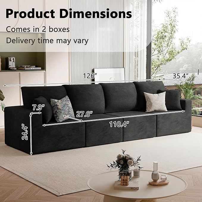 Homall Sectional Couches for Living Room Modern Boneless Couch with Deep Seat Upholstered Cloud Sofa No Assembly Required (Black Four-Seater Sofa)