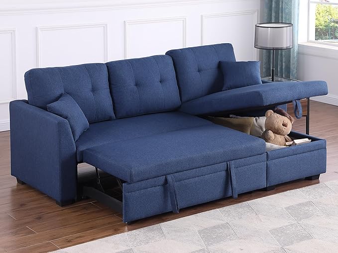 BEEY Sleeper Sofa Bed 82 Small Convertible Sectional Sofa Couch with Storage Chaise L Shaped Couch with Pull Out Bed for Bedroom Living Room (Navy_Blue_2)