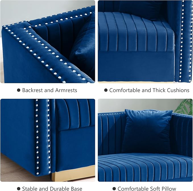 mikibama Modern Velvet Loveseat Sofa 61.4 Inch Vertical Channel Tufted Sofa Couch Luxury 2 Seater Couch with 2 Pillows and Gold Metal Legs for Living Room Bedroom Apartment Blue