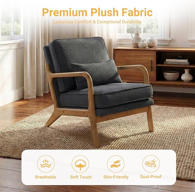 Modern Accent Chair Mid Century Wooden Upholstered Armchair with Lumbar Pillow &amp Removable Soft Cushion Reading Chair for Living Room Bedroom BalconyCoffee(Beige/Blue/Green/Grey)