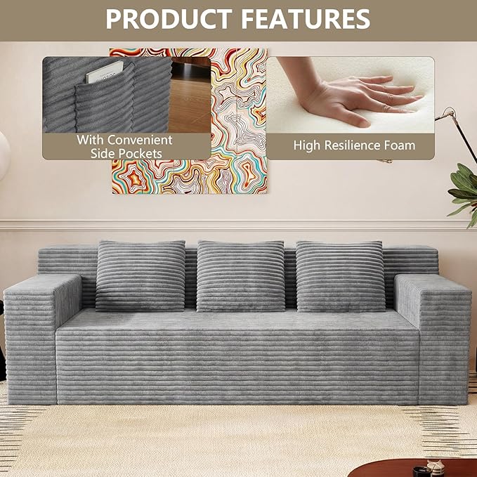 71 Love Seat Couches Corduroy Boneless Loveseat with Deep Seats 2 Seat Couch Apartment Size Couch with 3 Pillows&ampSide Pockets for Bedroom Office No Assembly Required Light Gray
