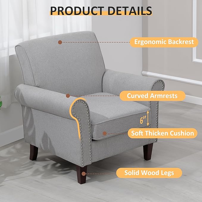 PrimeZone Comfy Accent Chair Mid-Century Modern Fabric Living Room Chair Reading Chair with Soft Cushion Nailhead Trim &amp Rolled Armrest Arm Chair Sofa Chairs for Bedroom Waiting Room Office Gr
