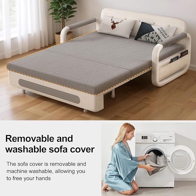62 Versatile Pull-Out Sofa Bed – Modern Versatile Futon Sleeper Couch Daybed with Trundle Perfect for Living Room &amp RV Gray/White