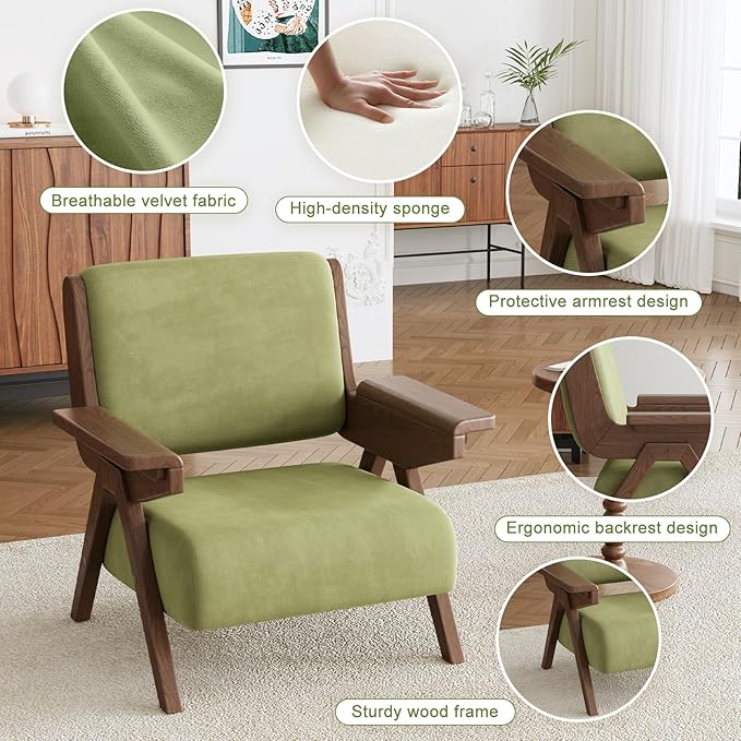 Accent Chair Set of 2 Mid Century Modern Chair Velvet Upholstered Lounge Arm Chair with Solid Wood Cozy Seating for Living Room Bedroom Balcony (Green)