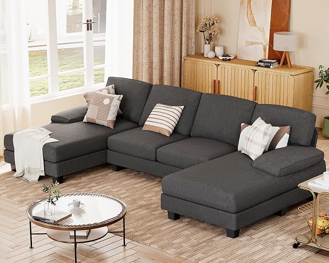 JUMMICO Sectional Couches for Living Room U Shaped Couch with Chenille Fabric 4 Seat Modern Sofa with Removable Pillows for Apartment and Small Space (Corduroy Light Grey)