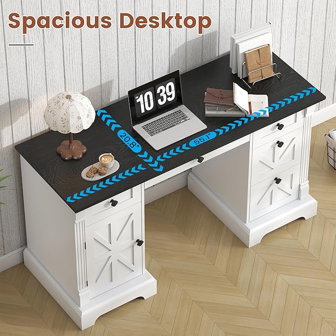 Bigbiglife 55 Office Desk with Drawers Farmhouse Executive Desk with Charging Station Hidden Cabinet File Cabinet Storage Wood Computer Desk with 5 Drawers for Work Study Writing White