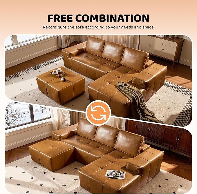 Sofa Couch Ottoman for Living Room Bedroom Brown (Soft Leather Fabric)