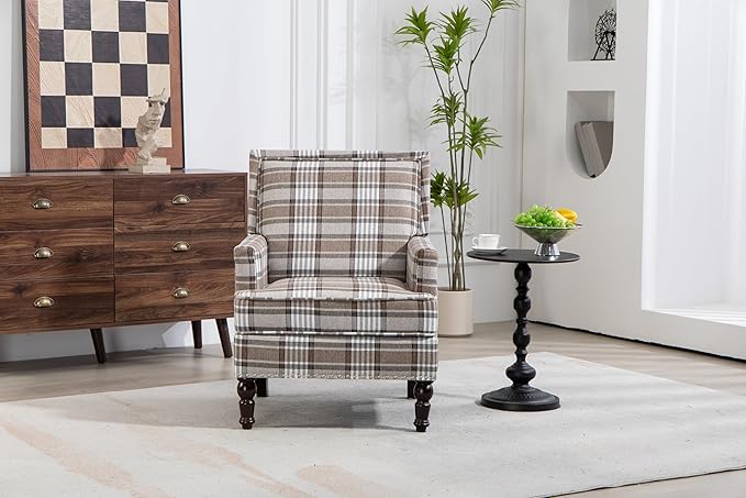 GDFStudio Upholstered Accent Armchair Modern Side Chair with Tapered Wood Legs Cotton Linen Fabric with Nailhead Trim for Living Room Bedroom Reading Room Set of 1 Coffee