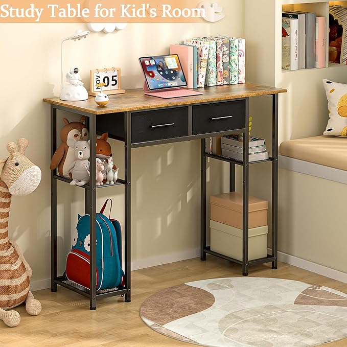 Computer Desk with Drawers 37.3 Inch Home Office Work Desk with Storage Shelf Kids Teens Study Table for Small Space Small Writing PC Table for Bedroom Makeup Vanity Desk Brown
