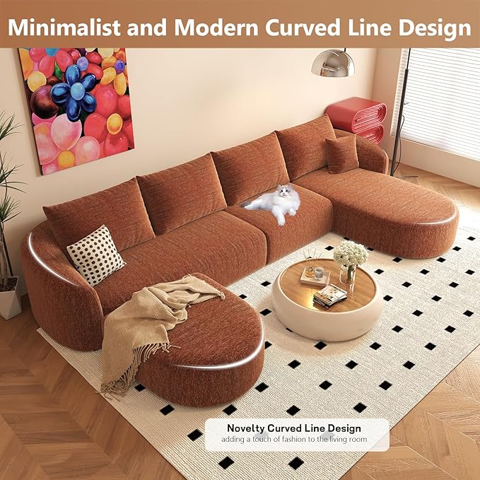 138.6 U Shaped Modern Modular Sectional Curved Back Sofa with Ottoman Minimalist Style Comfy Cloud Couch for Living Room Apartment No Assembly Required Boneless Couches (OrangeRight Facing Chaise)