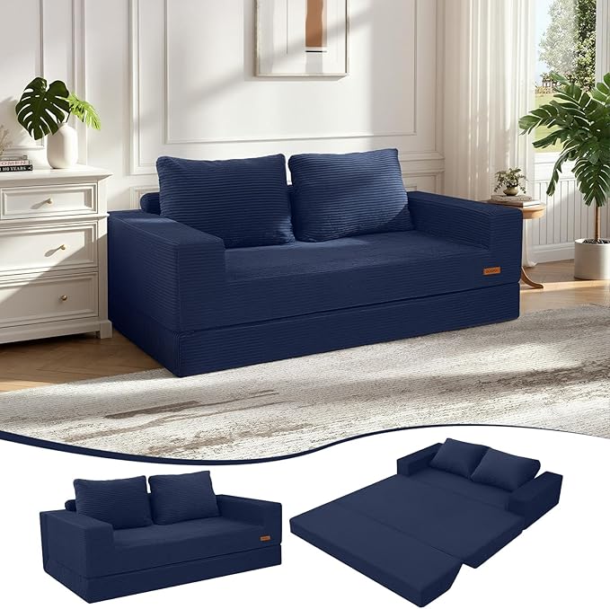 COMAX Convertible Sofa Bed Queen Corduroy Folding Floor Couch Pull Out Couch Bed Futon Sleeper with Pillows Fold Out Boneless Sofa Comfy Lounge Mattress Loveseat for Living Room Bedroom Navy