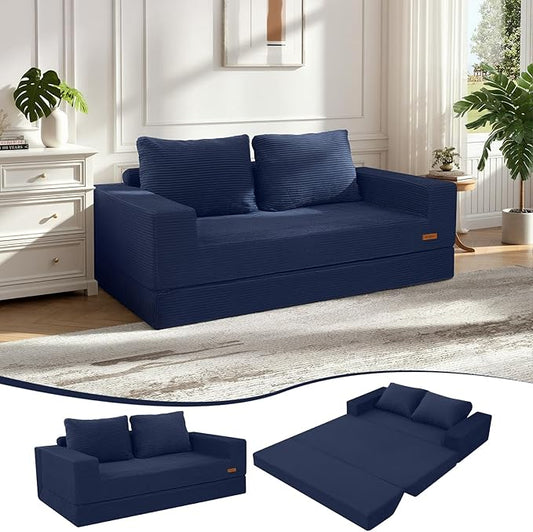 COMAX Convertible Sofa Bed Queen Corduroy Folding Floor Couch Pull Out Couch Bed Futon Sleeper with Pillows Fold Out Boneless Sofa Comfy Lounge Mattress Loveseat for Living Room Bedroom Navy