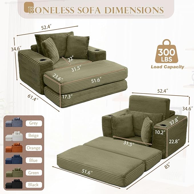 Antetek Boneless Corduroy Chaise Lounge Chair Indoor 52-inch 4-in-1 Folding Convertible Sofa Bed w/Cup Holders Modern Cozy Reading Accent Chair for Living Room No Assembly Green