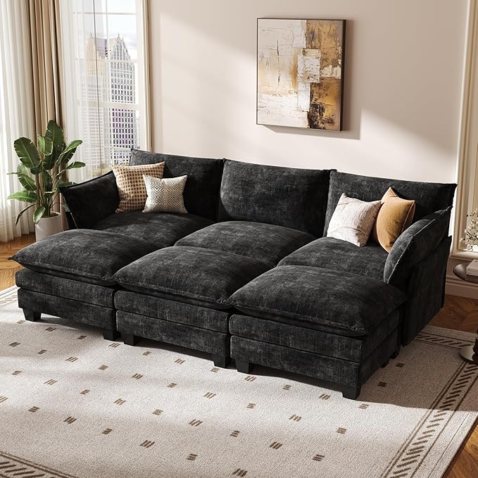 KKL 91.3 Large Modular Sectional Sofa Bed 6 Seater Convertible J/L-Shaped Sleeper Cloud Couch with Ottoman Chenille Sectional Couches for Living Room Apartment Black